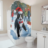 Rideaux De Douche Tuxedo Chat coule en neige avec Casquette de Noël (En situation)