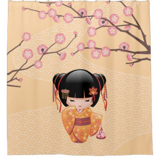 Rideaux De Douche Ume Kokeshi Poupée Japonaise Pêche Geisha Girl Jau