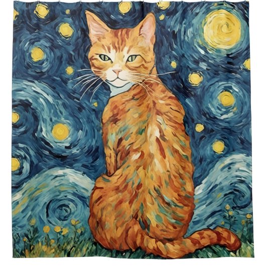 Rideaux De Douche Un chat Tabby Gingembre dans la nuit étoilée (Devant)