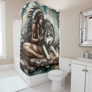 Rideaux De Douche Un lien tranquille entre un Indien et un loup