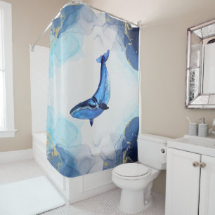 Rideaux De Douche Une Baleine Sur Blue Gold Fluid Art Dans La Techno