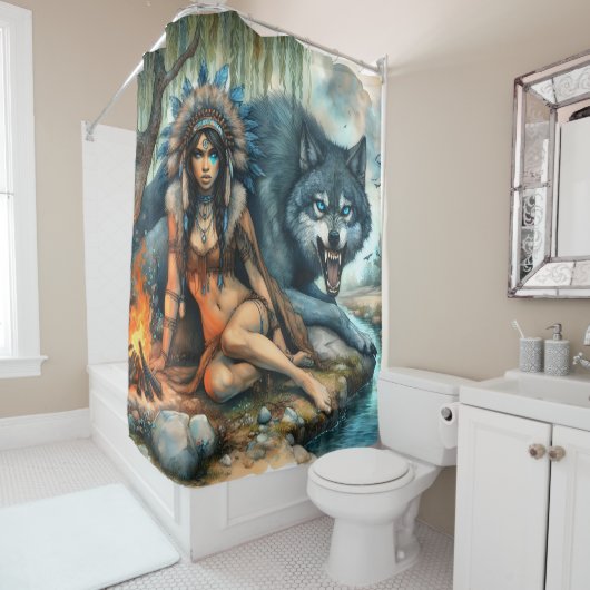 Rideaux De Douche Une femme indienne et son ami loup fort (En situation)