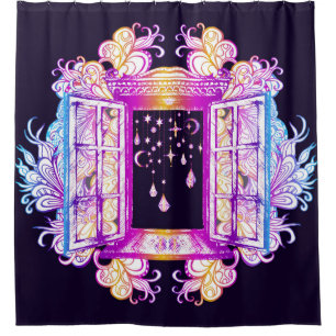 Rideaux De Douche Une fenêtre vintage ouverte avec pendentifs contre