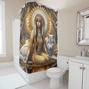 Rideaux De Douche Une Indienne indigène partage un lien avec un loup