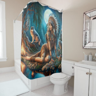 Rideaux De Douche Une nuit mystique avec un Indien et des loups