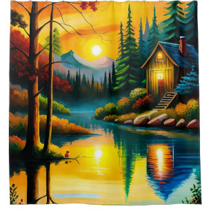 Rideaux De Douche une peinture d'un cabine au bord d'un lac au couch