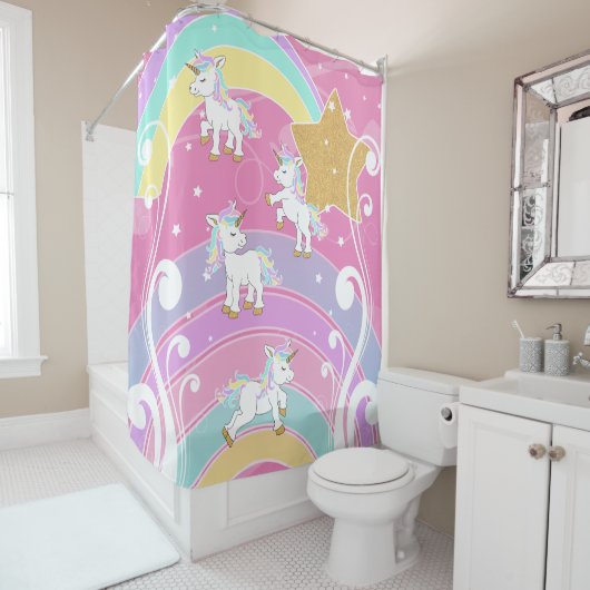 Rideaux De Douche Unicornes magiques roses (En situation)
