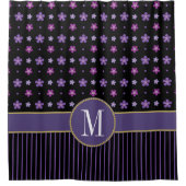Rideaux De Douche Unique violet noir floral rayé or Monogramme (Devant)