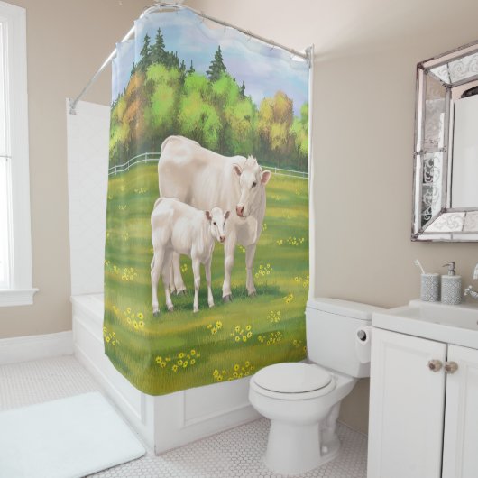 Rideaux De Douche Vache Charolais Blanche & Boeuf de veau Cupide (En situation)