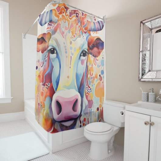 Rideaux De Douche Vache d'aquarelle mousseuse (En situation)