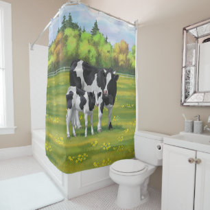 Rideaux De Douche Vache Holstein et veau mignon en pâturage d'été