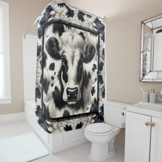 Rideaux De Douche Vache noire et blanche Cowhide Fur Fur Look (En situation)