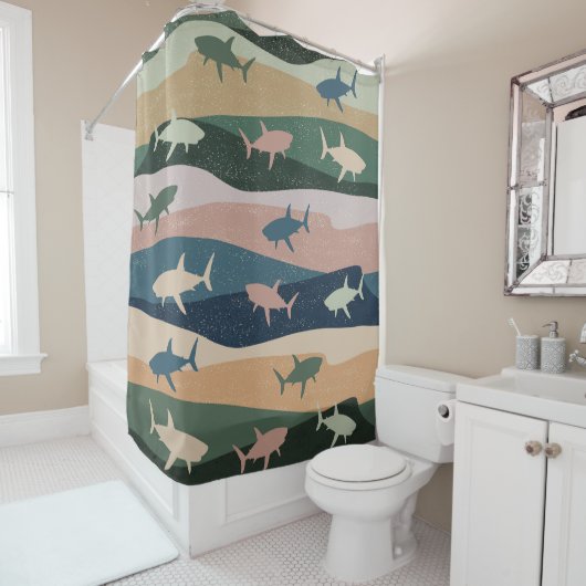 RIDEAUX DE DOUCHE VAGUE DE REQUIN VINTAGE  (En situation)