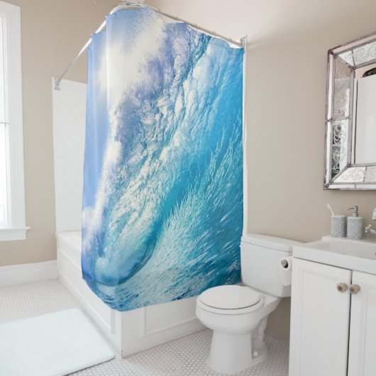 Rideaux De Douche Vague de surfeur océan bleu blanc (En situation)