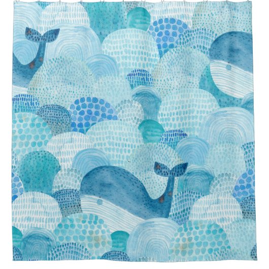 Rideaux De Douche Vagues, baleine, texture bleu enfantine (Devant)