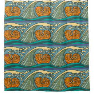 Rideaux De Douche Vagues de l'océan bleu motif nautilus Art nouveau
