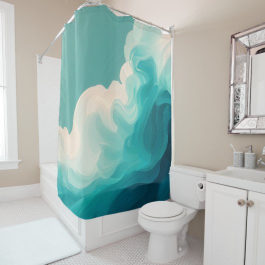 Rideaux De Douche Vagues fluides sarcelle et blanc (En situation)