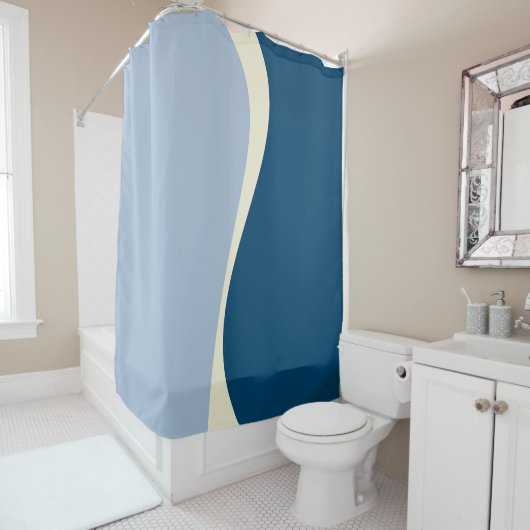 Rideaux De Douche Vagues simples 2 en bleu foncé, bleu clair et crèm (En situation)
