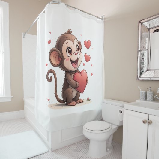 Rideaux De Douche Valentine's Day Shower Curtain, Monkey Red Heart (En situation)