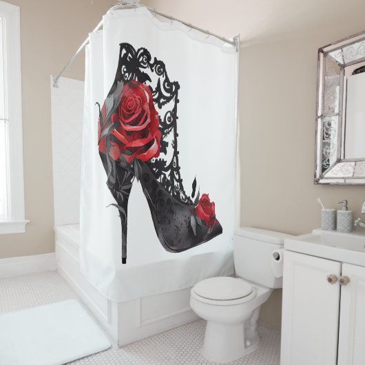 Rideaux De Douche Vampy Vogue | Stiletto Lace Bootie et Red Roses (En situation)