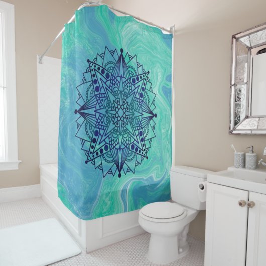 Rideaux De Douche Vert bleu Abstrait Mandala Zen (En situation)