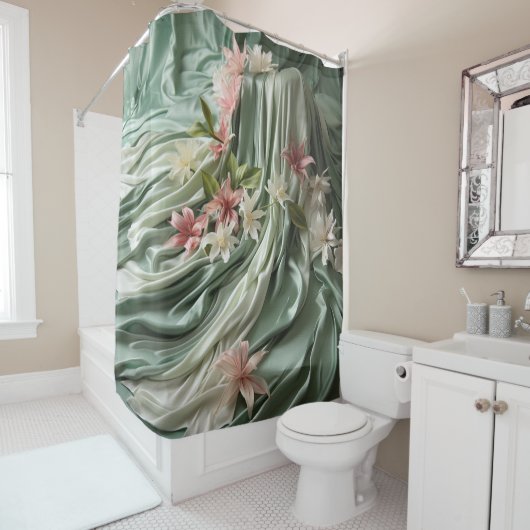 Rideaux De Douche Vert, Crème, Draps De Soie Et Fleurs De Pinkish (En situation)