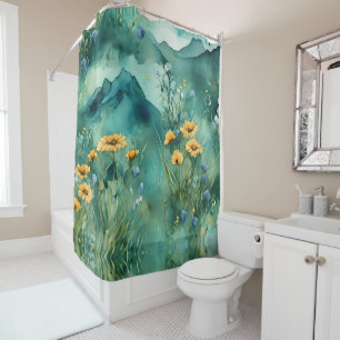 Rideaux De Douche Vert doux paysage aquarelle fleurs sauvages