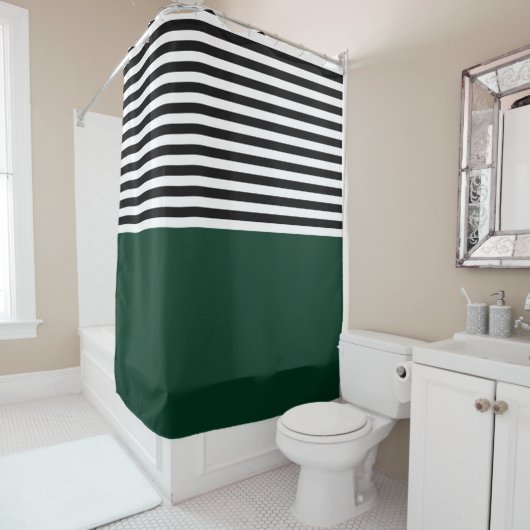 Rideaux De Douche Vert foncé avec bandes noires et blanches (En situation)