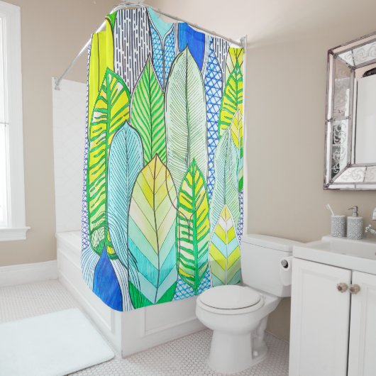 Rideaux De Douche Vert Jaune mignon Moderne Tropical Boho Feuille (En situation)