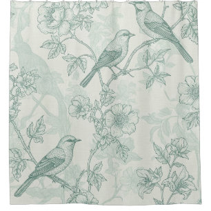 Rideaux De Douche Vert menthe toile de Jouy française oiseaux et fle