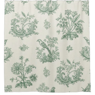 Rideaux De Douche Vert menthe toile de Jouy française oiseaux et fle
