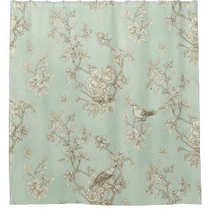 Rideaux De Douche Vert menthe toile de Jouy française oiseaux et fle