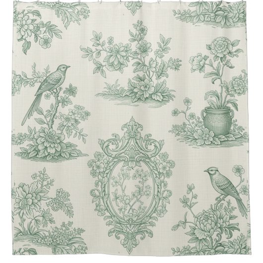 Rideaux De Douche Vert menthe Toile Motif floral et oiseaux (Devant)