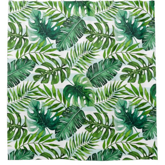 Rideaux De Douche Vert moderne Feuilles d'aquarelle tropicale (Devant)