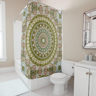 Rideaux De Douche Vert olive et motif mandala pastel