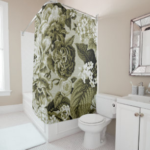 Rideaux De Douche Vert olive Toile floral vintage No.1