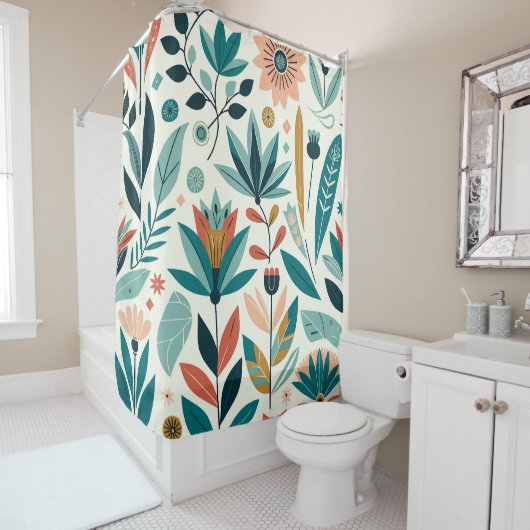 Rideaux De Douche Vert Orange Bold Moderne Floral Motif d'impression (En situation)