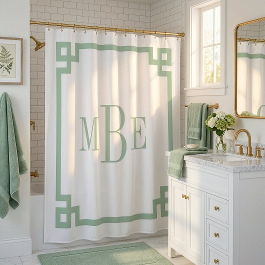 Rideaux De Douche Vert sauge et clé grecque blanche | Monogrammé