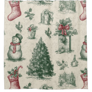 Rideaux De Douche Vert sauge vintage Noël Toile de Jouy (1)