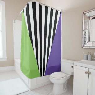 Rideaux De Douche Vert Violet Noir & Blanc Rayures Fantaisistes