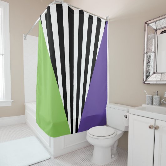 Rideaux De Douche Vert Violet Noir & Blanc Rayures Fantaisistes (En situation)