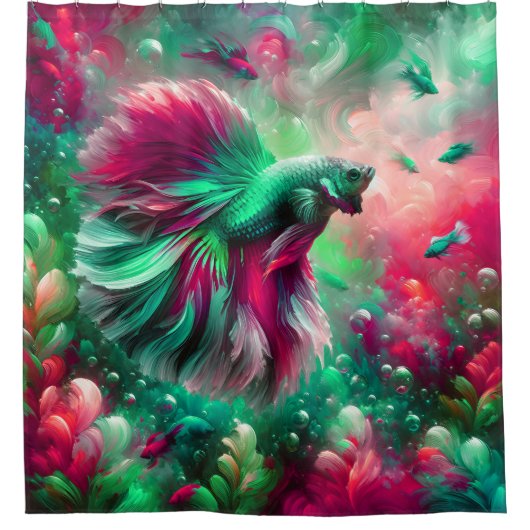 Rideaux De Douche "Vibrant Rose & Green Betta Fish Art" (Devant)