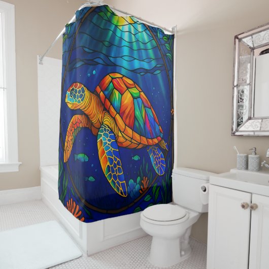 Rideaux De Douche Vibrant Stained Glass Sea Turtle Ocean Design (En situation)