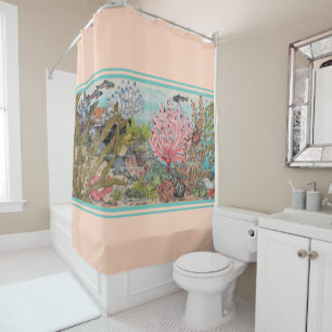 Rideaux De Douche Vie marine côtière Vapeur bleu Aqua Coral Coquil