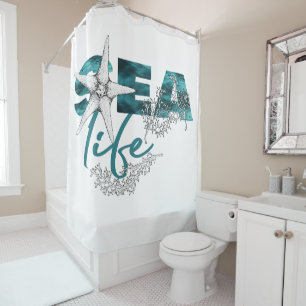 Rideaux De Douche Vie marine moderne aqua turquoise bleu typographie