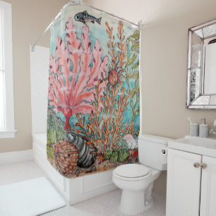 Rideaux De Douche Vie marine Océan Corail rose Poisson Coques de cr