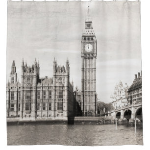 Rideaux De Douche Vieux Londres, noir et blanc.