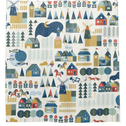 Rideaux De Douche Village scandinave : motif pastel cosy. (Devant)