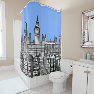 Rideaux De Douche Ville de Londres en noir et blanc avec ciel bleu