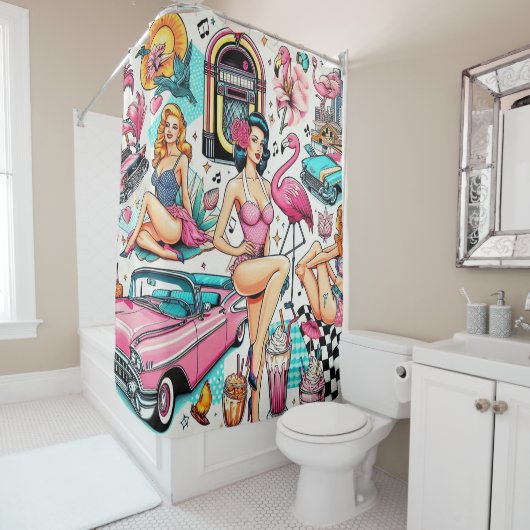 Rideaux De Douche Vintage années 1950 mignon Motif (En situation)